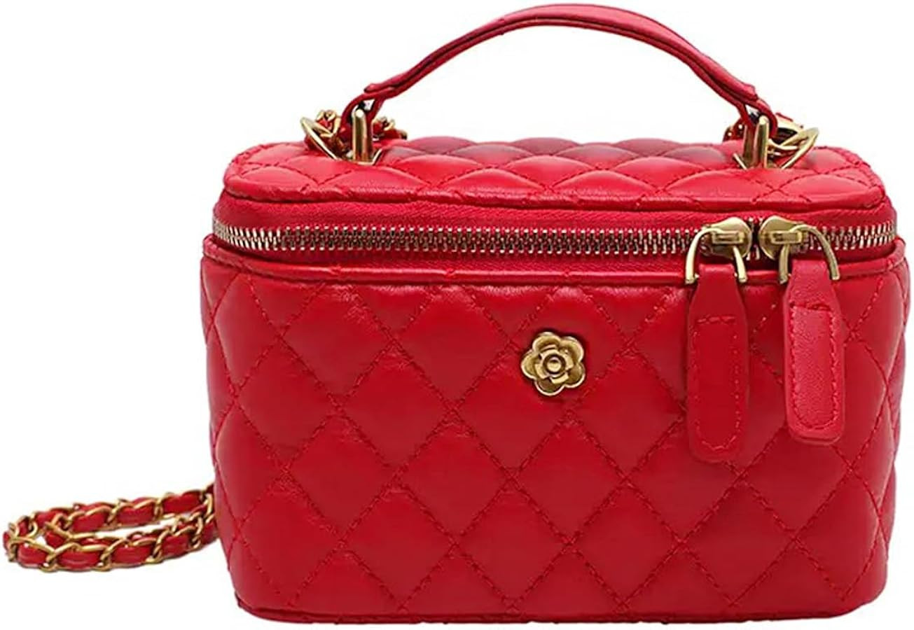 Amazon.com: Women's Red Quilted Vanity Bag, Leather Chain Crossbody Bag with Gold Flower, Mini Bo... | Amazon (US)