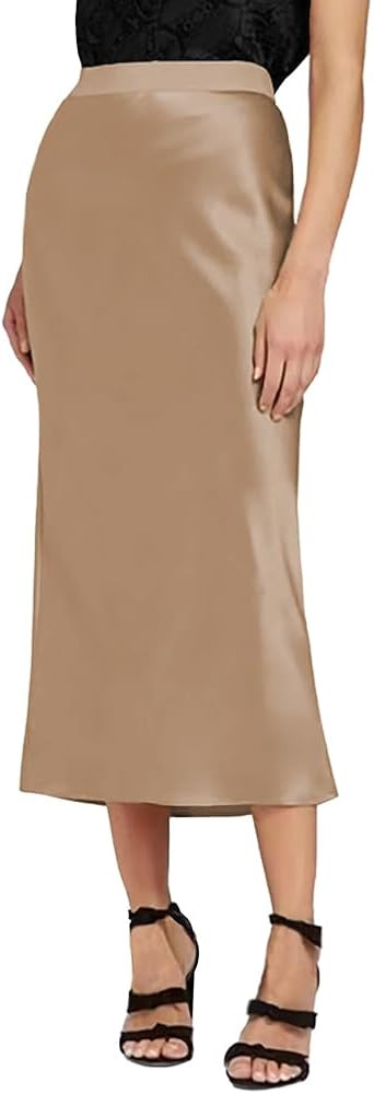 Gardenia Jasminoides Silk Satin Skirts for Women Midi Simple High Elastic Waist Swing Casual Dres... | Amazon (US)
