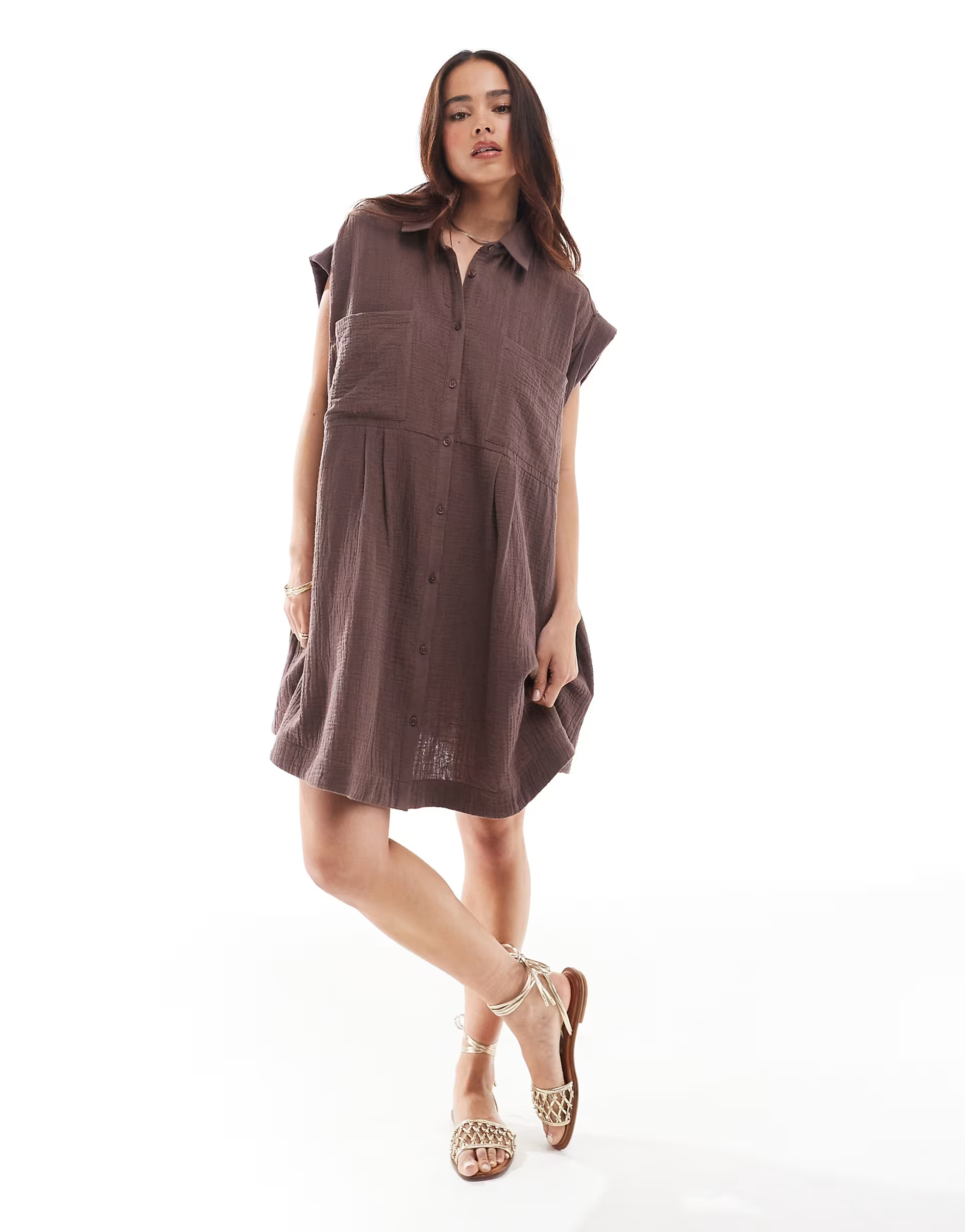 ASOS DESIGN double cloth sleeveless smock shirt dress in chocolate brown | ASOS | ASOS (Global)