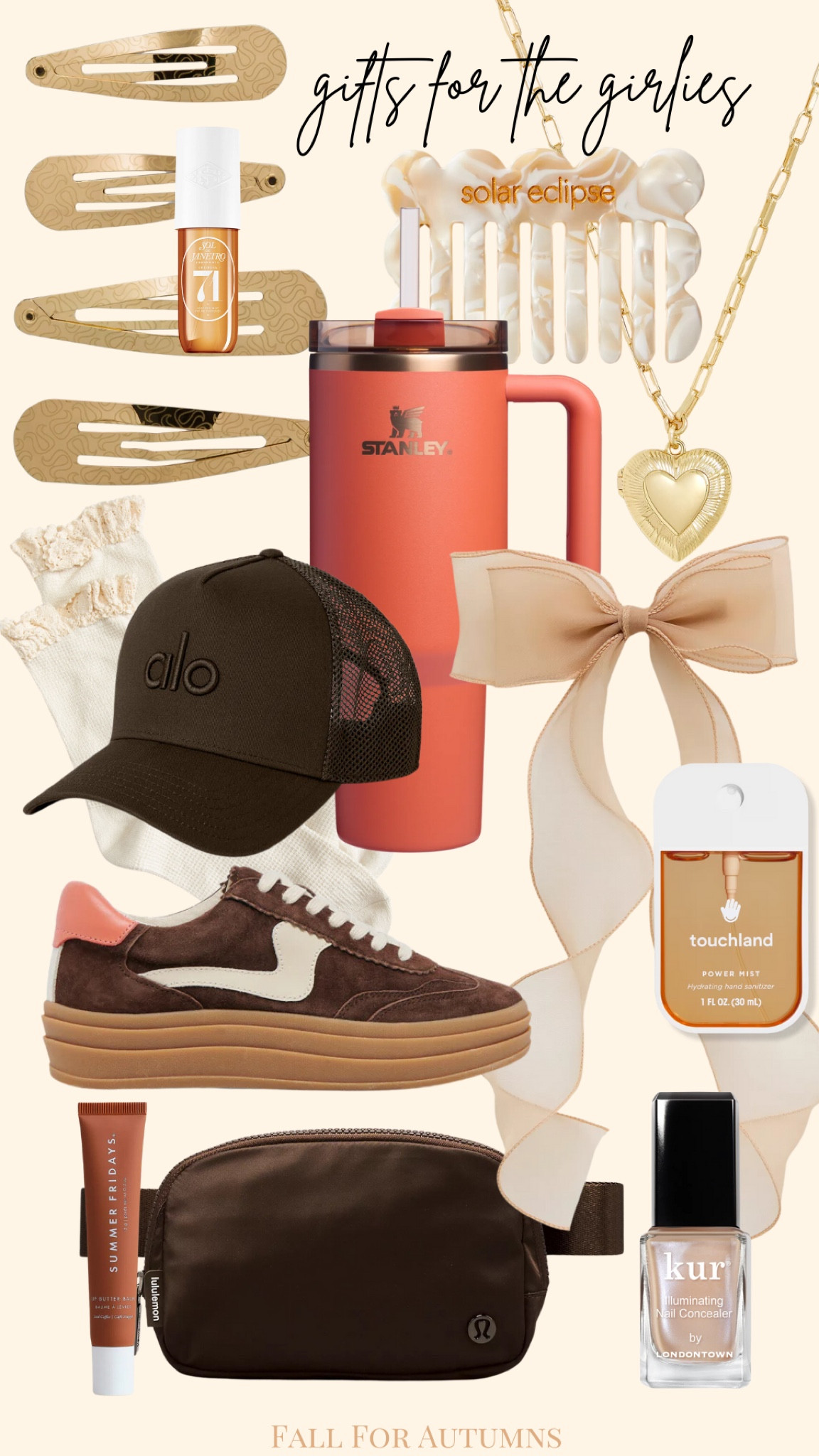 Gift guide for the girls, girlies, teens. Preteens, college, for her, house of colour autumn, hocautumn, true autumn, Stanley tumbler, alo trucker hat, hair bow, dolce vita platform sneaker, hand sanitizer, lululemon, hair barrier, ruffle socks, gold locker, touch land, belt bag, summer Friday lip balm, sol de janeiro, sephora, beauty, clean skincare, distric trucker hat 

#LTKGiftGuide #LTKFindsUnder50 #LTKBeauty