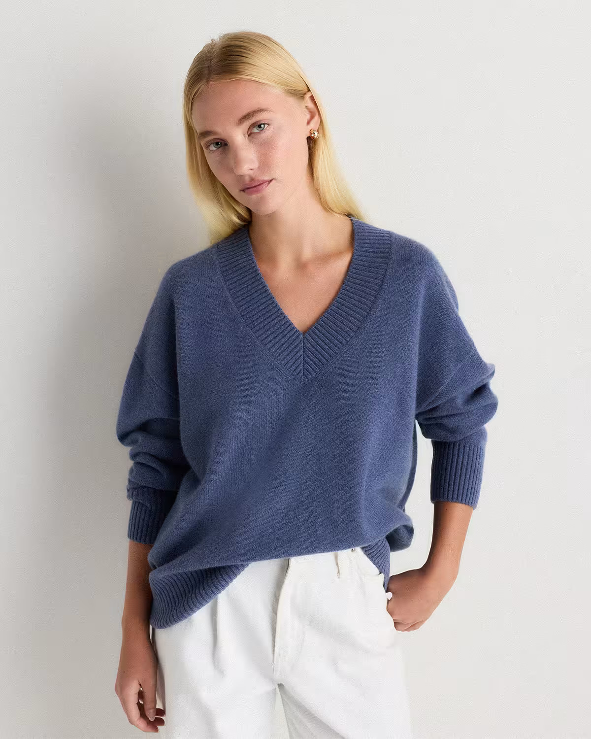 Mongolian Cashmere Oversized V-Neck Sweater	 in Heather Storm Blue | Quince