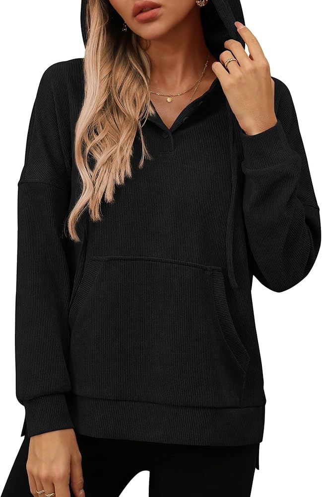 LILBETTER Womens Long Sleeve Pullover Hoodies Drawstring Sweatshirt Fall Knit Ribbed Tops with Po... | Amazon (US)