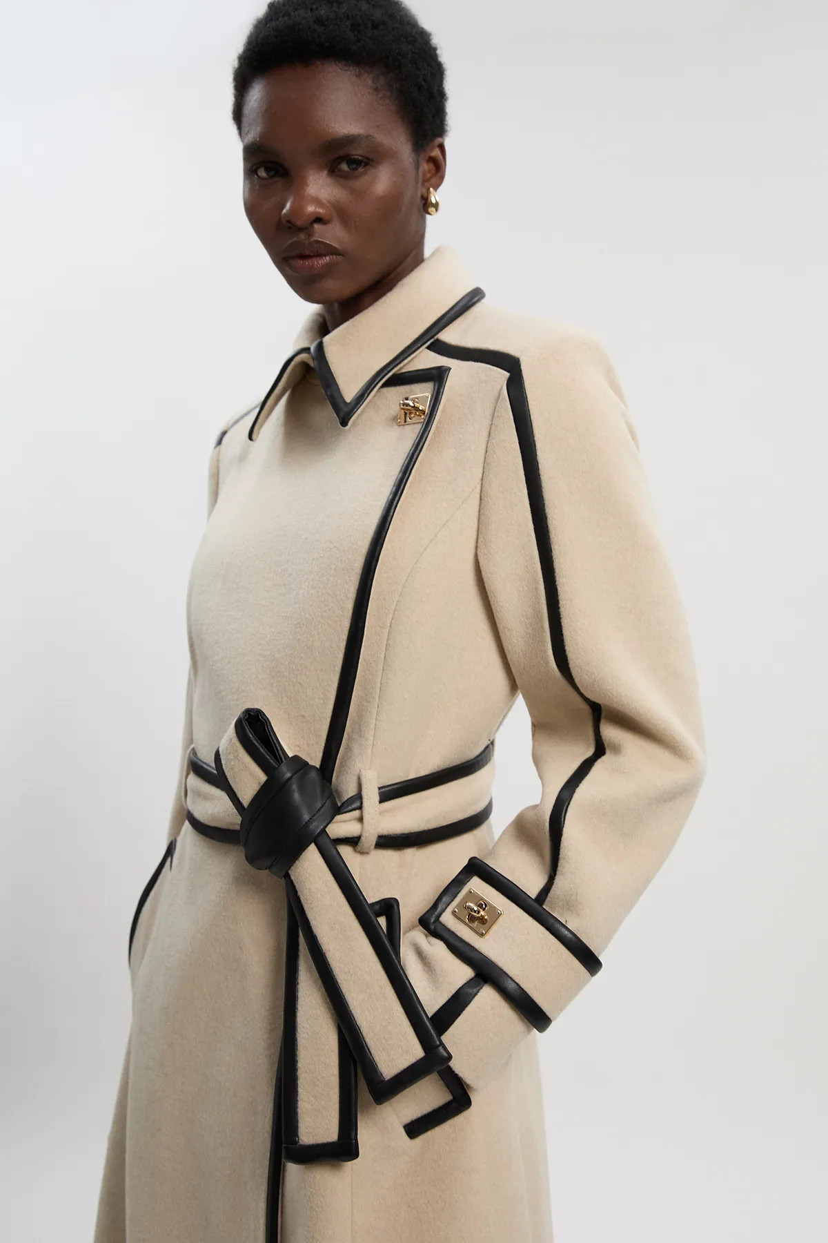 Brushed Wool Pu Trim Belted Tailored Double Breasted Midi Coat | Karen Millen US