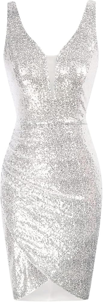 GRACE KARIN Women Deep V Neck Party Mini Dress U Back Sequin Irregular Hem Evening Dress | Amazon (US)