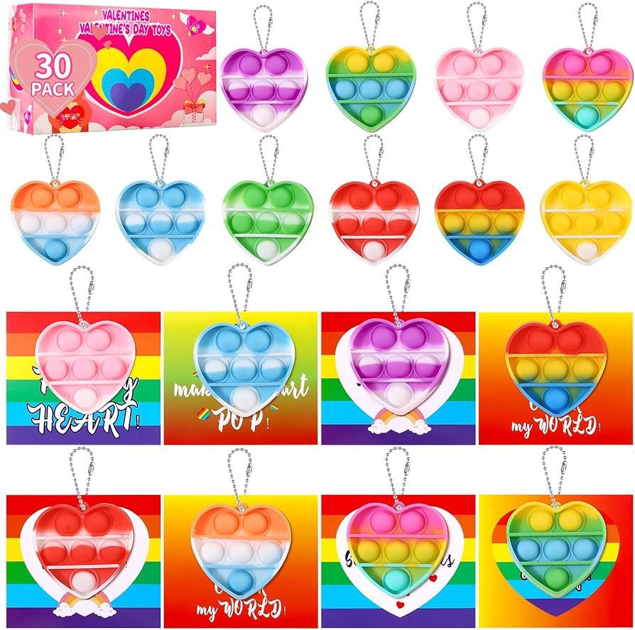 Valentines Day Gifts for Kids Classroom Prizes- 30 Pack Heart Sensory Pop Toys with Valentines Ca... | Amazon (US)