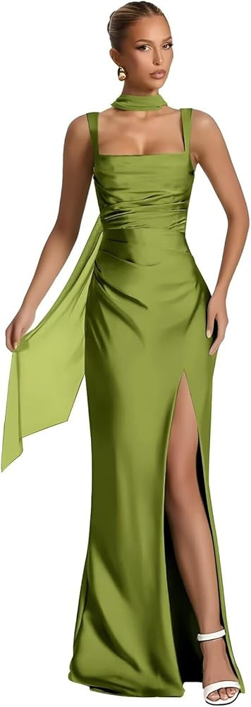 Silk Satin Bridesmaid Dresses with Scarf Corset Formal Dress Long Mermaid High Slit Prom Dress | Amazon (US)