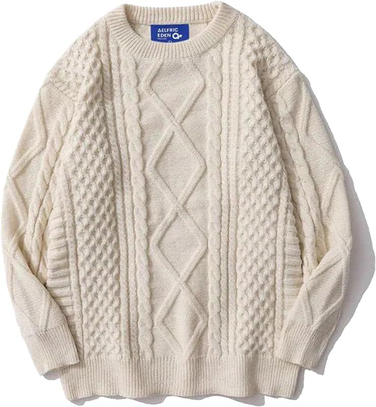 Oversized Knit Sweater Solid Vintage Pullover Sweater Unisex Woven Crewneck Knitted Tops | Amazon (US)