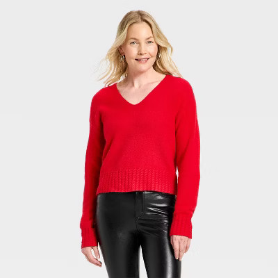 Women's Cable Trim V-Neck Pullover Sweater - Universal Thread™ Red S | Target