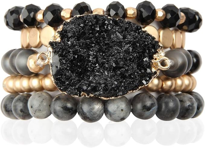 Bohemian Versatile Multi-Layer Bead Statement Bracelet - Stretch Strand Stackable Cuff Bangle Set... | Amazon (US)