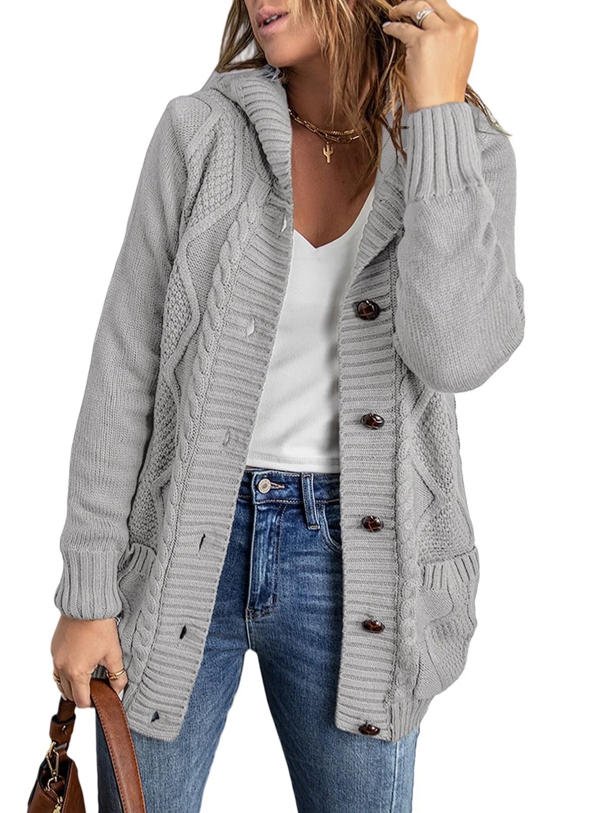 Eytino Hooded Cardigan Sweaters for Women Long Sleeve Button Down Knit Sweater Coat Outwear with ... | Walmart (US)