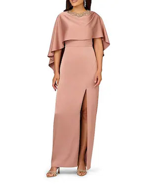 Aidan Mattox Crepe Back Satin Cape Beaded Neck Applique Dress | Dillard's | Dillard's