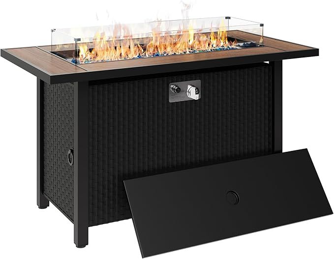 Walsunny 45 inch Outdoor Propane Fire Pit 50,000 BTU Gas Fire Pit Table with Walnut Tabletop, Gla... | Amazon (US)