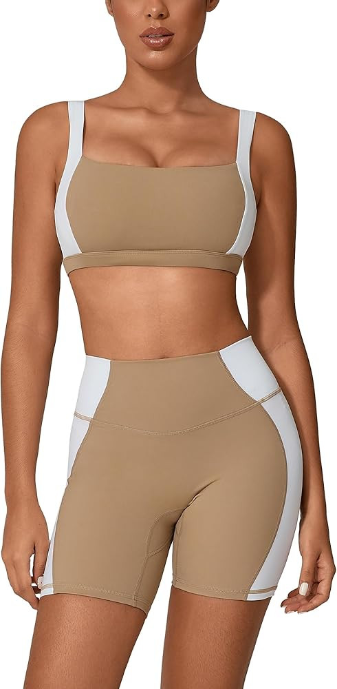 ABOCIW Workout Sets for Women 2 Piece Color Block Square Neck Sports Bra Higg Waist Biker Shorts ... | Amazon (US)