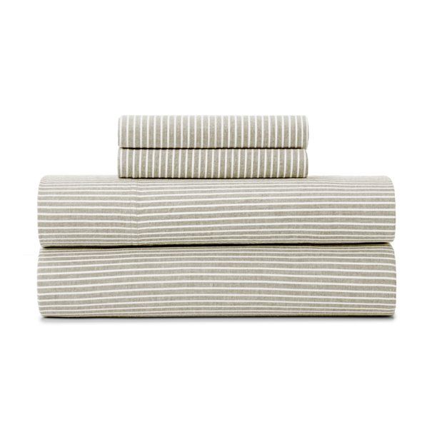 Gap Home Yarn Dyed Organic Cotton Washed Chambray Stripe Sheet Set, Deep Pocket, Twin, Khaki, 3-P... | Walmart (US)