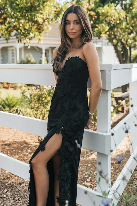 Elegant Mood Black 3D Floral Applique Strapless Maxi Dress | Lulus