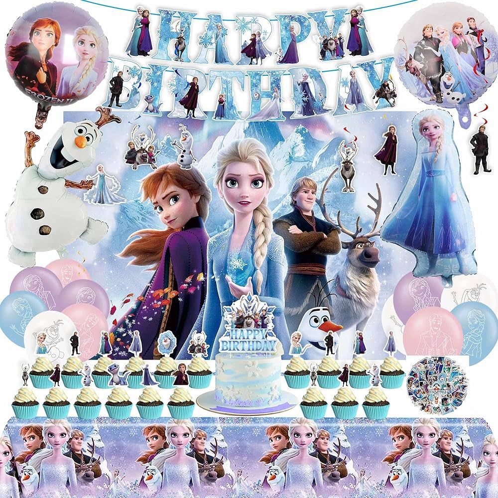 Frozen Birthday Party Decorations - Banner, Hanging Swirls, Cake Topper, Cupcake Toppers, Backdro... | Amazon (US)