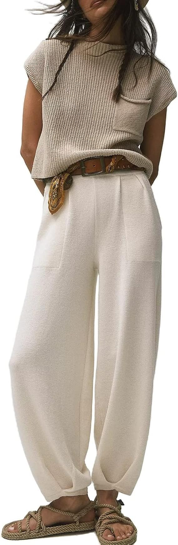 Women 2 Piece Outfits Sweater Sets Knit Lounge Set Pullover Tops and Pants Cute Casual Sweatsuit | Amazon (US)