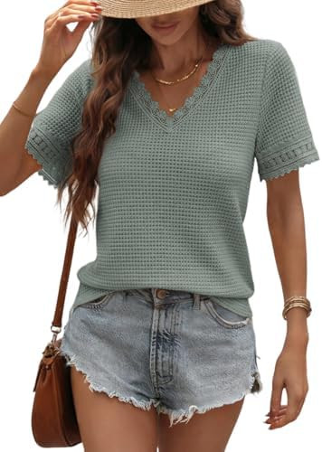 Dokotoo Women's Casual V Neck Short Sleeve Waffle Knit Lace Patchwork Shirts Summer Loose Basic T... | Amazon (US)