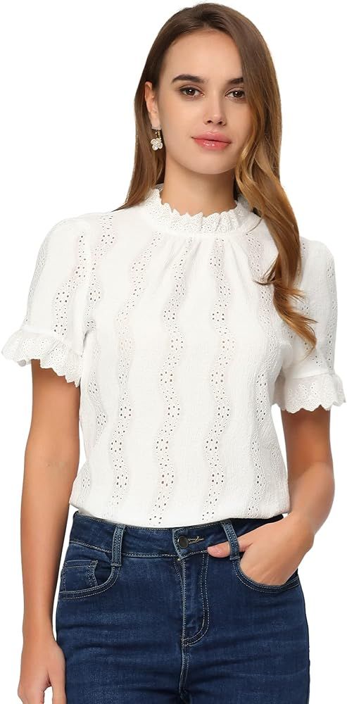 Allegra K Crochet Eyelet Top for Women's Mock Neck Puff Sleeve Ruffle Casual Embroidery Blouse | Amazon (US)