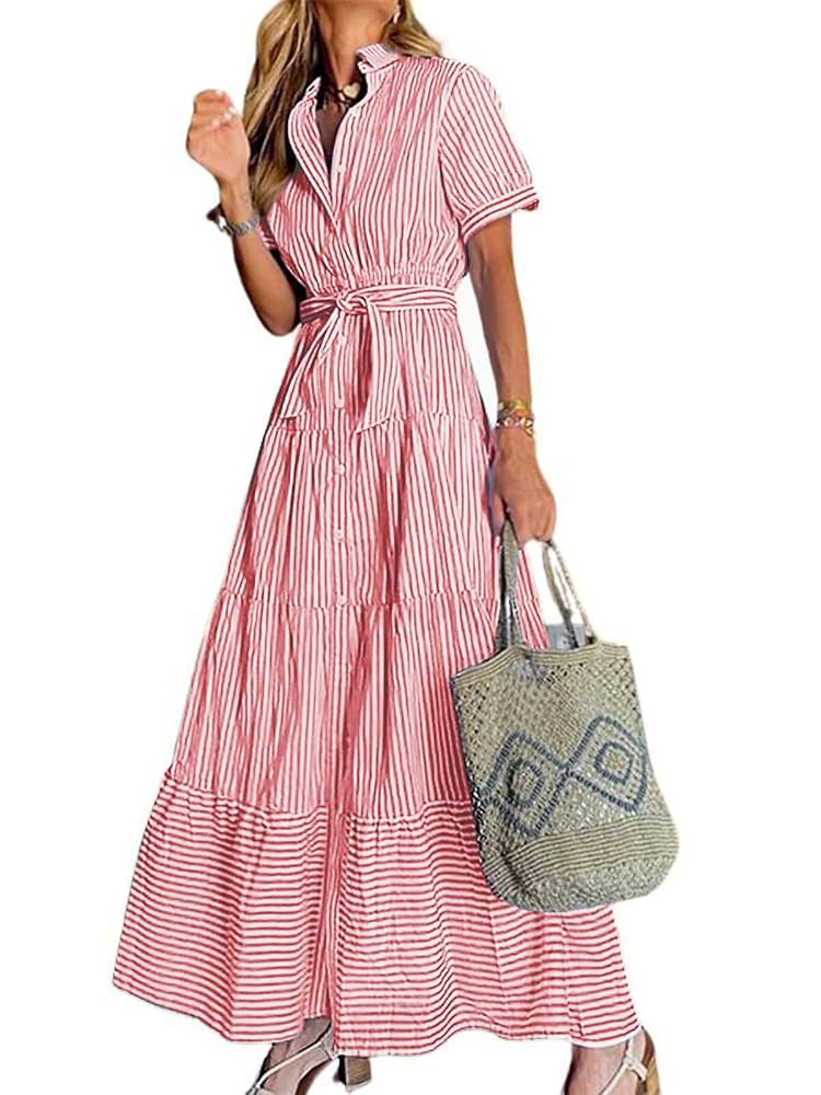 utcoco Womens Casual Short Sleeve Button Down Tie Waist Ruffled Striped Maxi Shirt Dress | Amazon (US)
