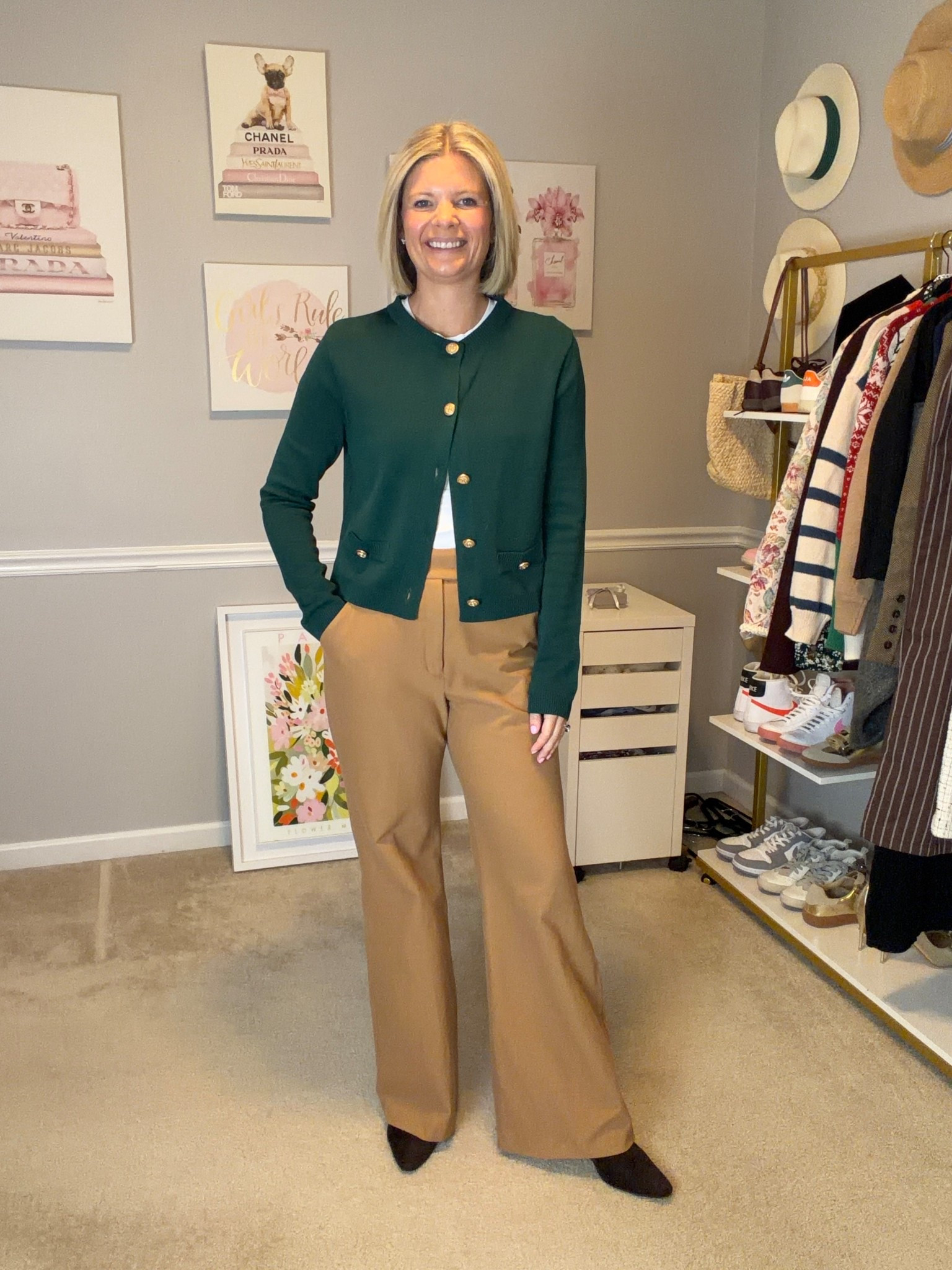 Green fine knit cardigan lady jacket TTS
Tan wool trousers TTS

#LTKWorkwear #LTKootd #LTKMidsize