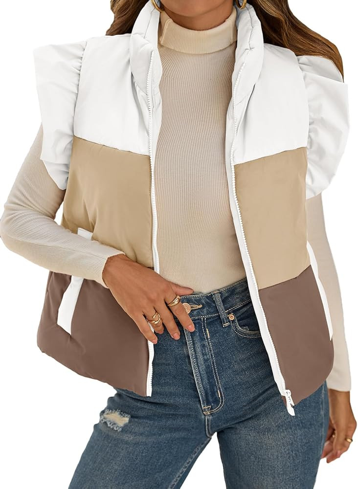 Tankaneo Womens Puffer Vest Ruffle Sleeveless Zip Up Quilted Jacket Color Block Winter Warm Padde... | Amazon (US)