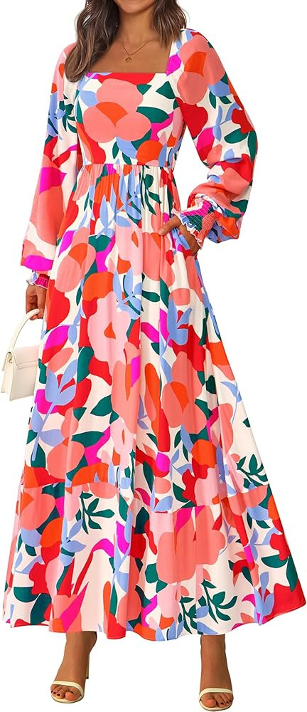 PRETTYGARDEN Women Floral Maxi Dresses 2026 Spring Long Sleeve Square Neck Boho A Line Wedding Gu... | Amazon (US)