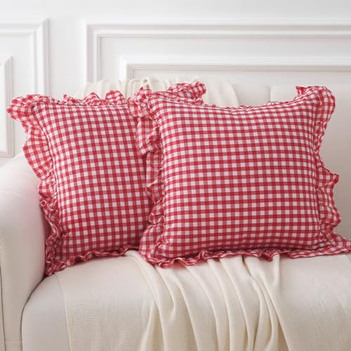 K MASANIJI 2 Pack Red White Gingham Ruffle Throw Pillow Covers 18''x18'' | Amazon (US)