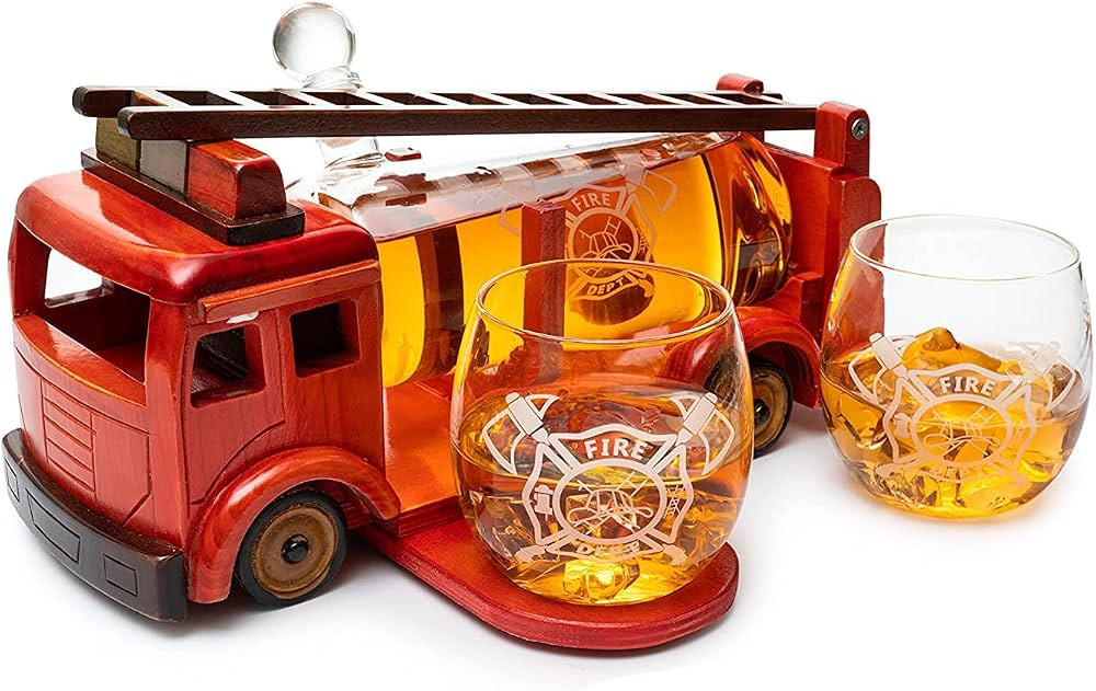 Firetruck Whiskey Decanter with Two 12 oz Glasses Gift Firefighter Gifts, Fireman, Firetruck Figu... | Amazon (US)