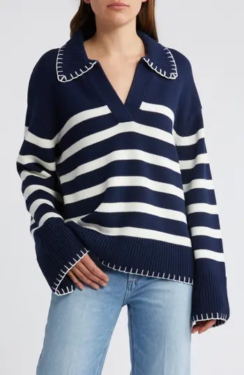 Rails Athena Stripe Cotton Johnny Collar Polo Sweater in Navy Ivory Stripe at Nordstrom Rack, Size Medium | Nordstrom Rack