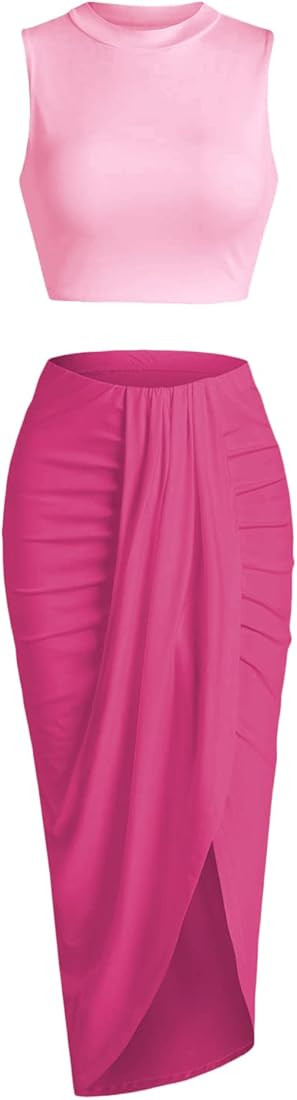 ZAFUL Women's Casual Sleeveless Summer Two Piece Outfits Crop Top and Side Split Draped Ruched Ma... | Amazon (US)