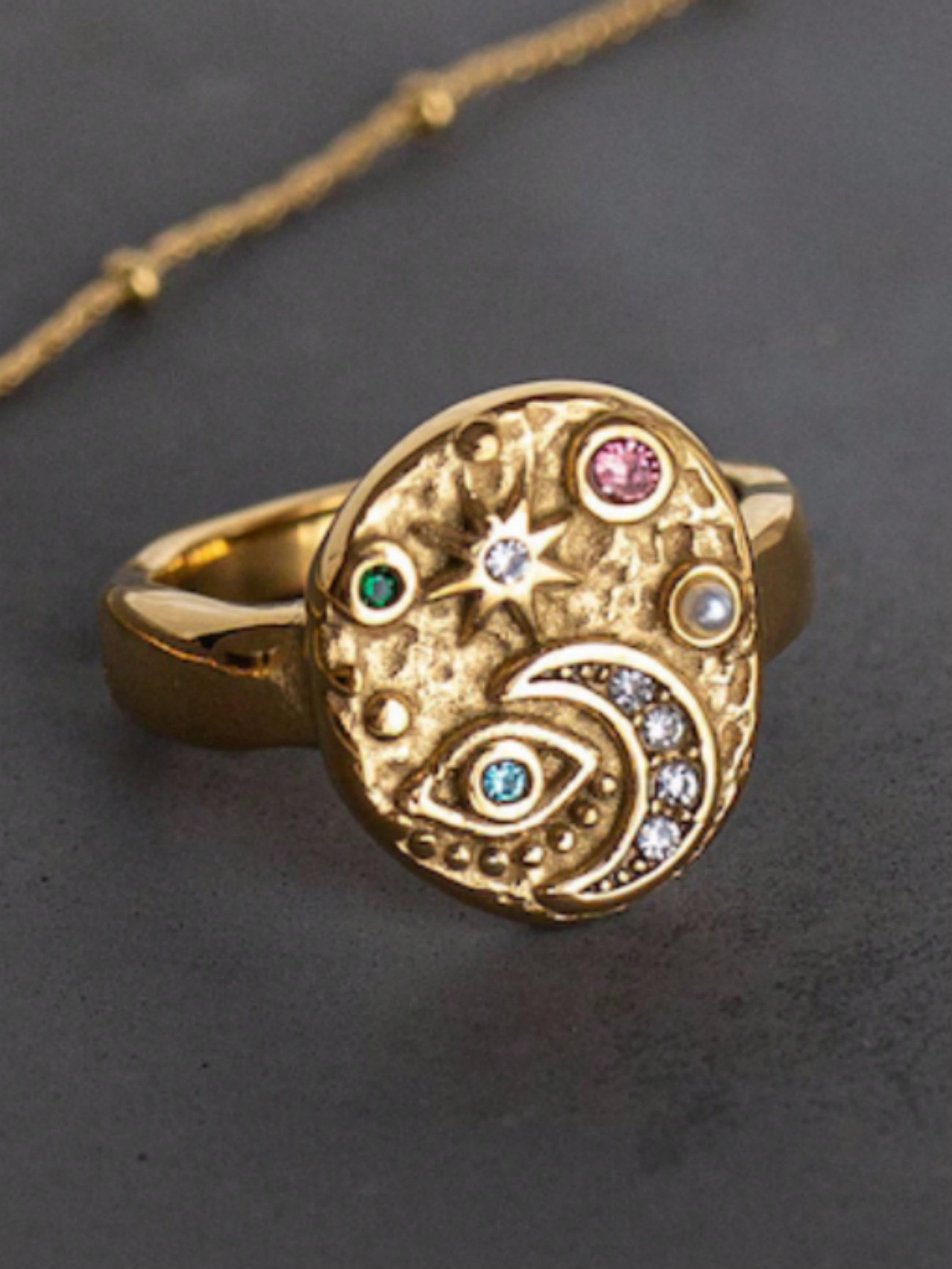 Tsnamer 1pc Star Moon Eye Statement Rings For Women Boho Colorful CZ Celestial Vermeil Hippie Jew... | SHEIN