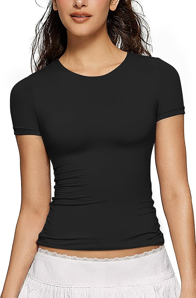 OEAK Womens Summer Short Sleeve Tops Crew Neck Double Lined T Shirts Basic Tees Slim Fit Shirts C... | Amazon (US)