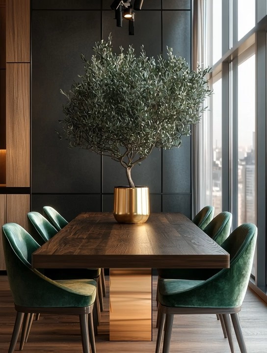 Dark wood dining tables never go out of style, and when paired with emerald green dining chairs, the result is instantly elevated yet beautifully restrained. This dining room setup is the perfect example of quiet elegance—rich materials, clean lines, and a palette that feels timeless rather than trendy.

The statement olive tree in a gold planter adds height, softness, and a natural focal point without overpowering the space. It brings balance and calm, grounding the room while adding that subtle layer of luxury. The combination of dark wood, deep green velvet, and warm gold accents creates a dining area that feels intentional, welcoming, and effortlessly refined.

If you’re planning a dining room refresh for 2026, this look proves that you don’t need bold patterns or excessive decor to make an impact. Thoughtful materials, one statement element, and a cohesive color story are all it takes to create a dining space that feels modern, elegant, and quietly impressive.

#DiningRoomRefresh
#TimelessDiningStyle
#EmeraldGreenChairs
#ModernLuxuryHome
#QuietEleganceDesign
#StatementPlantDecor
#RefinedInteriors 

 #LTKHome