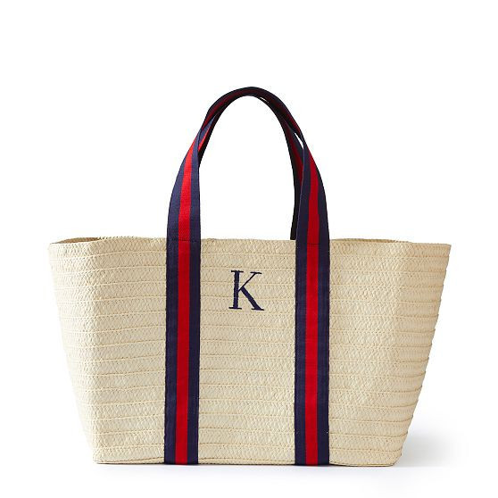 Oversized Ribbon Straw Beach Tote, Navy-Red | Mark and Graham