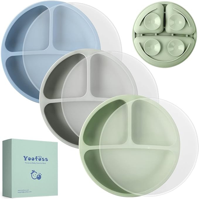 Yoofoss Toddler Plates with Lids - Suction Plates for Baby - 100% Silicone Baby Plates 3 Pack - B... | Amazon (US)