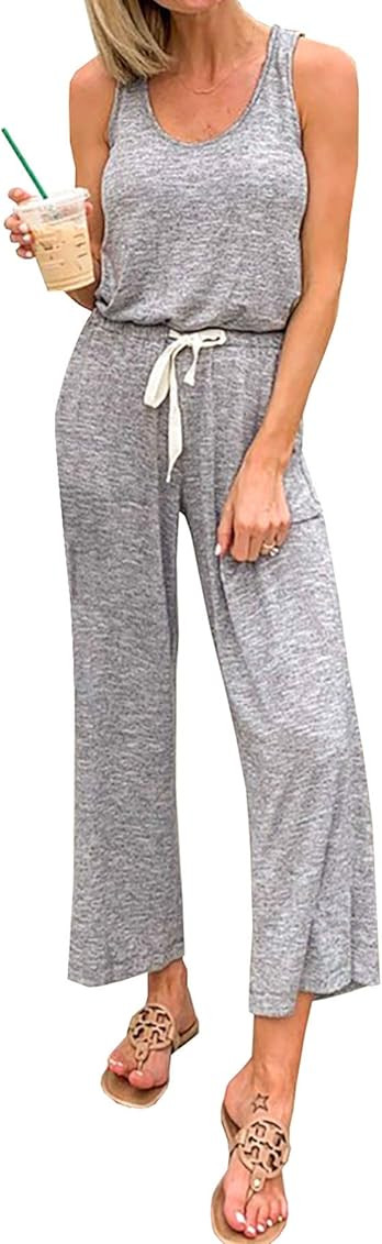 PRETTYGARDEN Women’s Casual Solid Sleeveless Jumpsuit Crewneck Drawstring Waist Stretchy Long Pants  | Amazon (US)