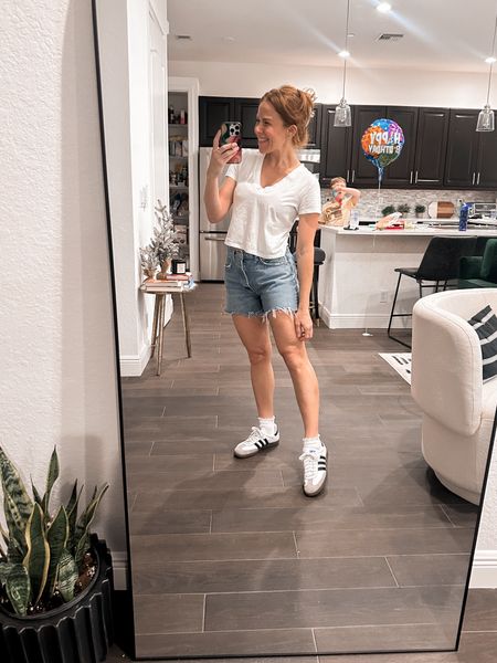 Easy weekend white tee and shorts with sambas. These ruffle socks are a new fav inspired by Courtney GrowI sized up to medium in target tee  

#LTKstyletip #LTKxTarget #LTKover40
