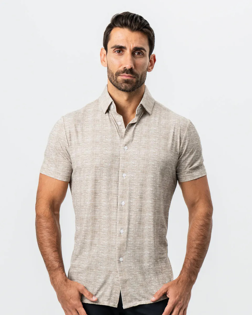 "The Giovanni" Printed Linen Olive Short Sleeve Button Down | State and Liberty (US)