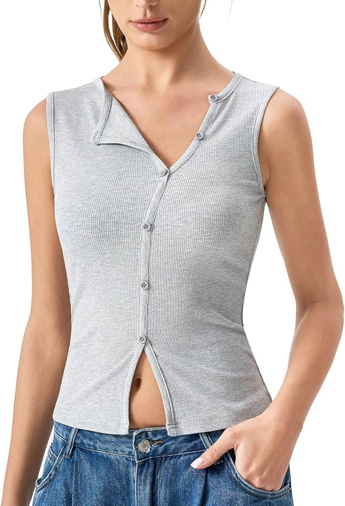 QINSEN Women's Sleeveless Ribbed Crewneck Tank Top Upper Button Fastening Shirts Going Out Tops | Amazon (US)