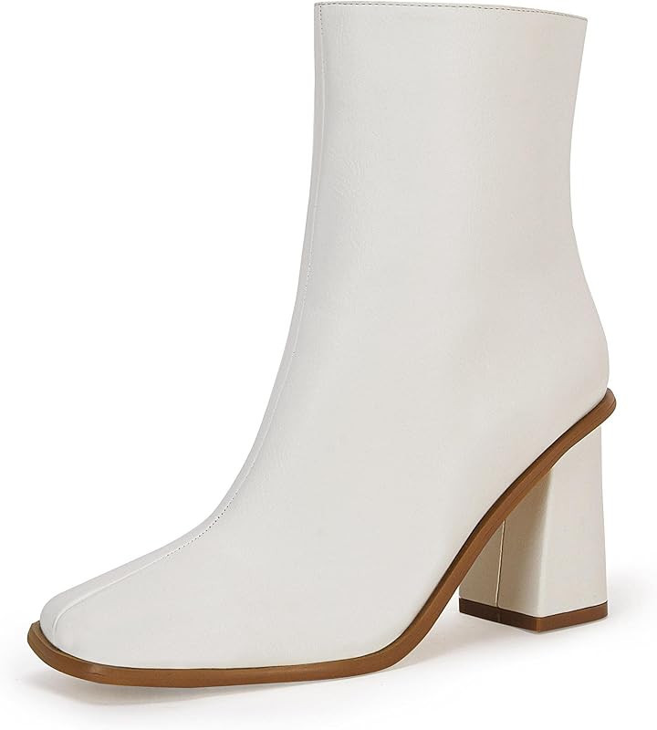 Coutgo Womens Square Toe Chunky Heeled Ankle Boots Side Zip Faux Leather Booties | Amazon (US)