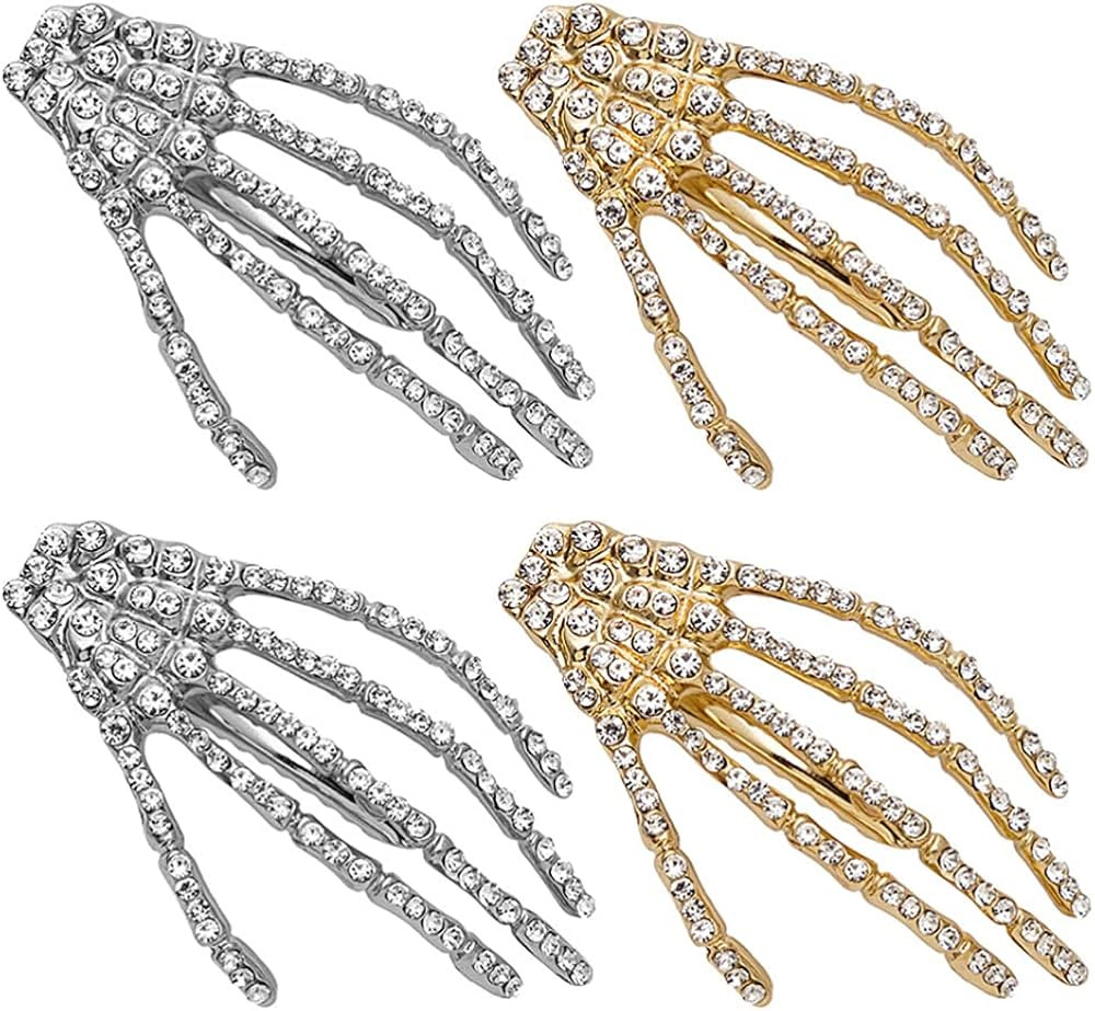 Lurrose Rhinestone Skeleton Hand Hair Clips, 4pcs Halloween Skeleton Claws Skull Hand Hairpins Cr... | Amazon (US)