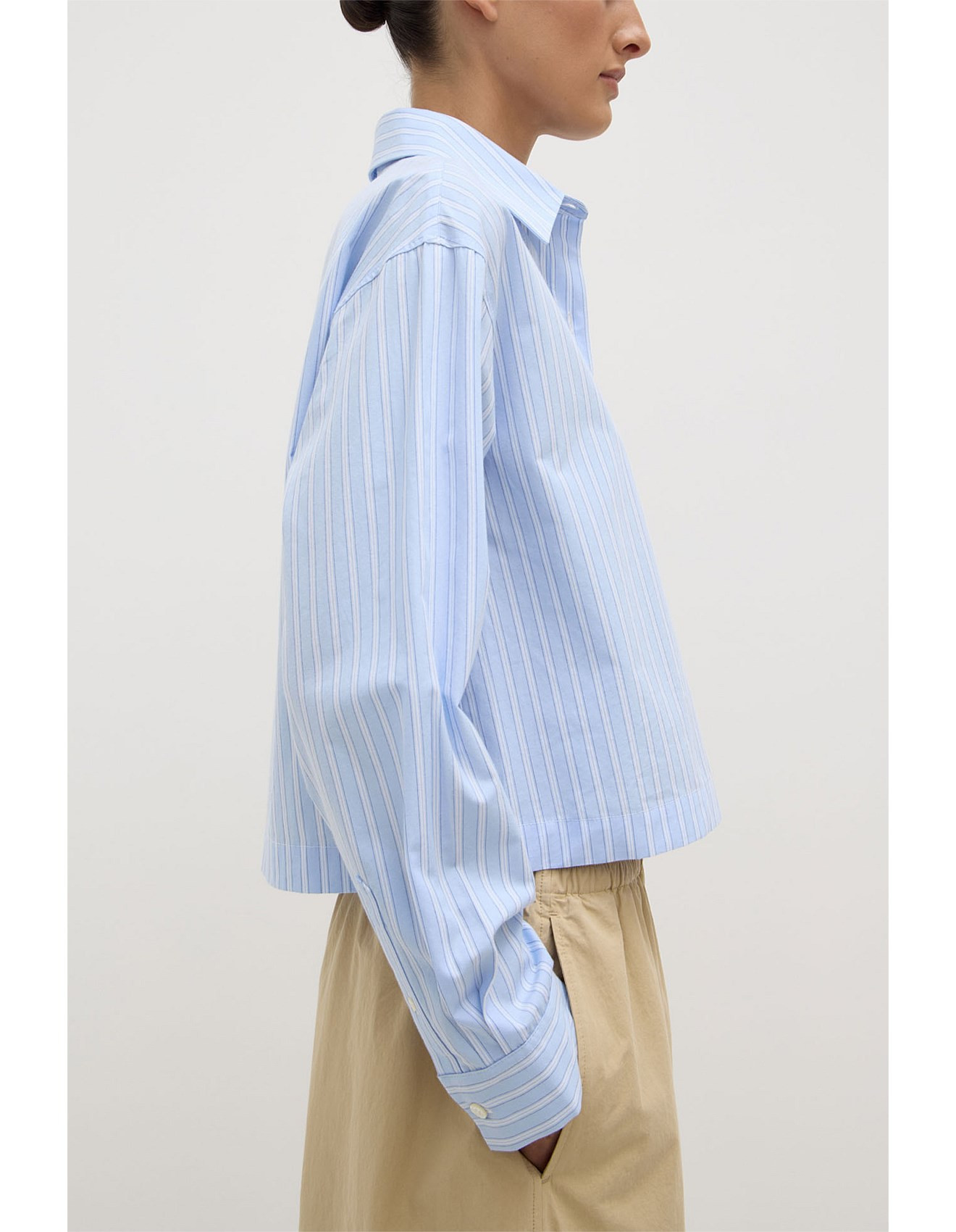 Tessa Poplin Cropped Long Sleeve Shirt Blue Stripe | David Jones (Australia & New Zealand)