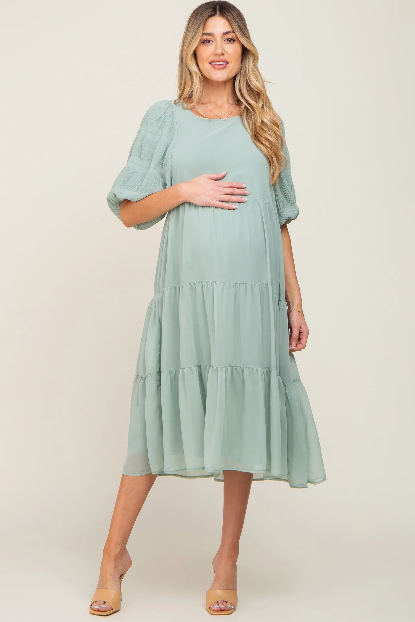 Light Olive Chiffon Tiered Balloon Sleeve Maternity Midi Dress | PinkBlush Maternity