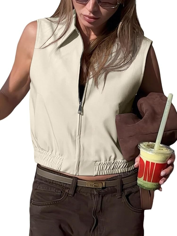 Tankaneo Womens Cropped Cargo Vest Tops Summer Trendy Sleeveless Zip Up Jacket Y2k Going Out Elas... | Amazon (US)