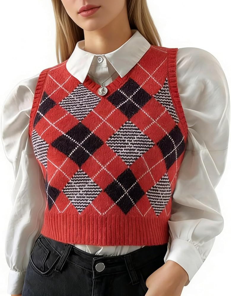 Women's Sweater Vest,Y2K Sleeveless Pattern Preppy Style Knitted Crop Tank Top for Girl | Amazon (US)
