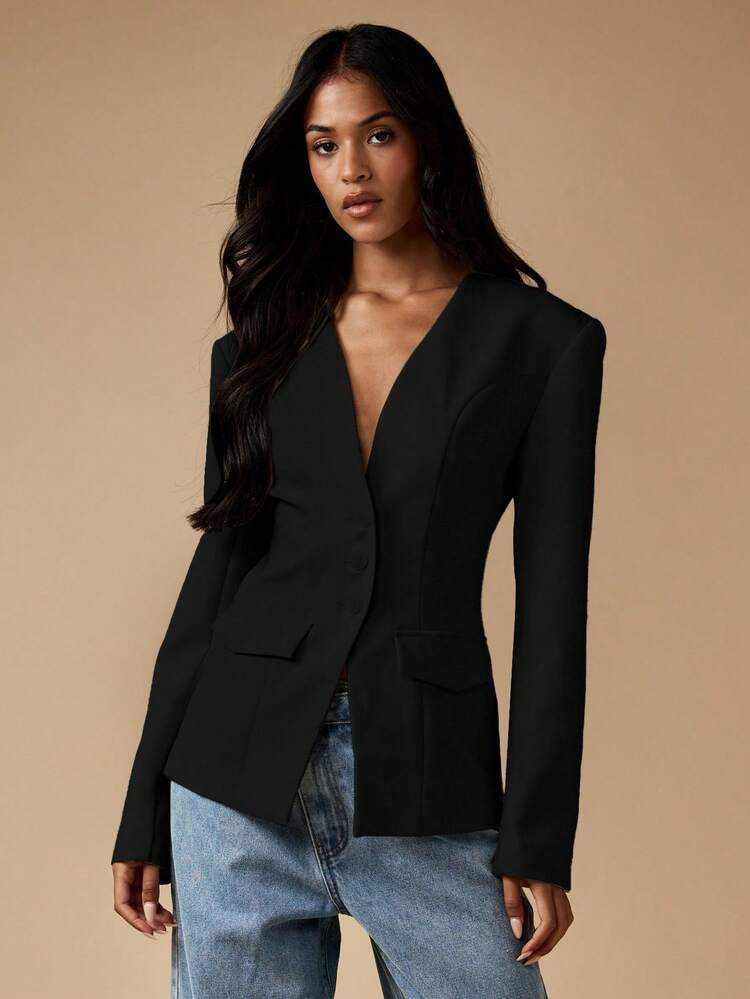MISSGUIDED Boxy Fit Professional Slim Fit Blazer With Structured Shoulders Deep V Neck Single But... | SHEIN