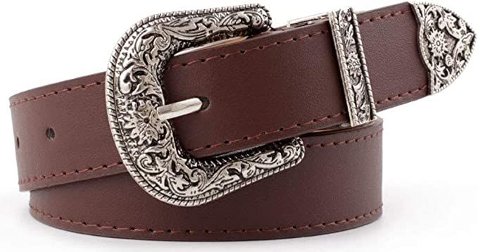 Western-Leather-Belts-Women Vintage Waist-Belts with Hollow Out Flower Buckle | Amazon (US)