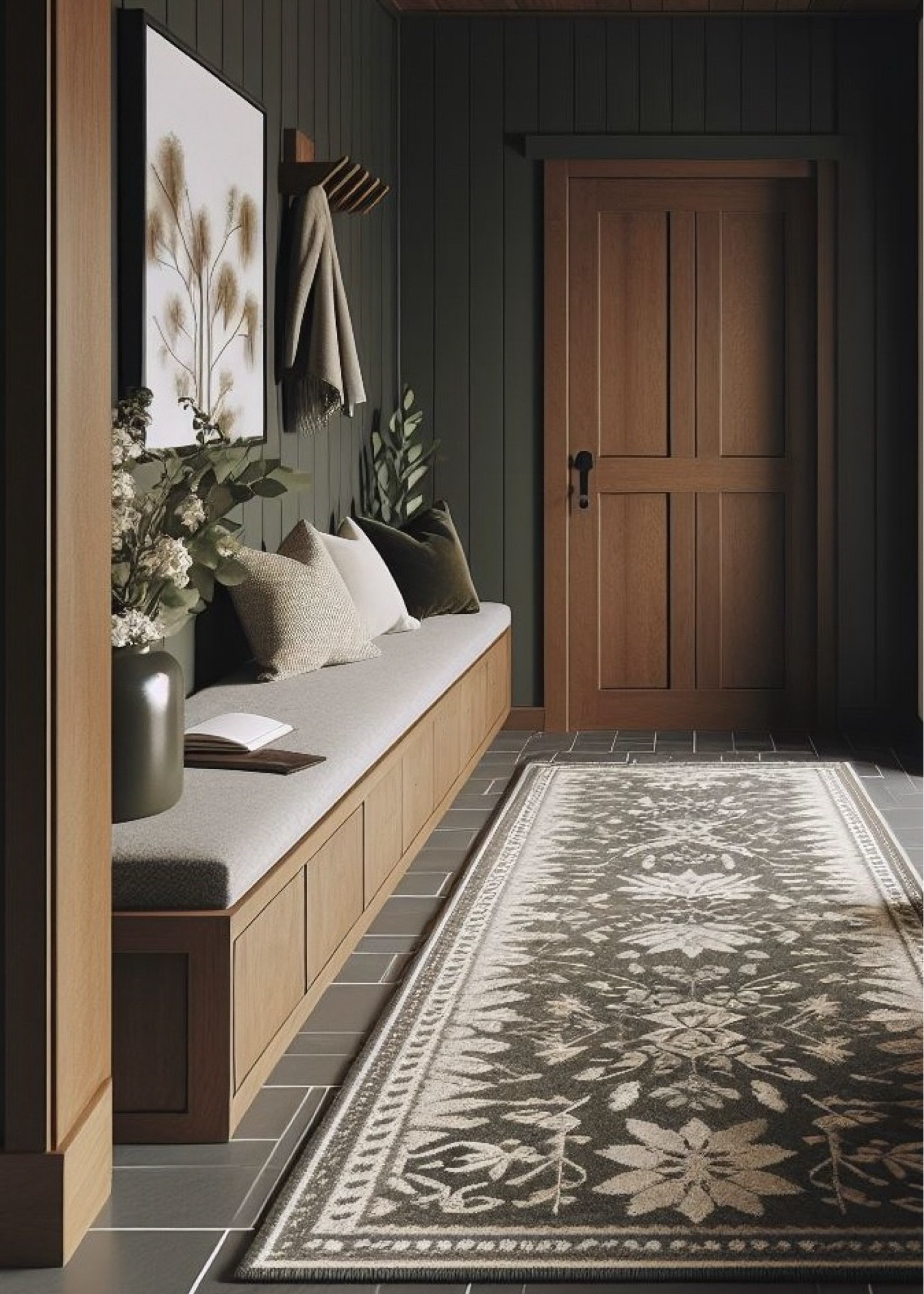 Welcome home 🫶🏼 this inviting entryway is a perfect blend of warm & moody. Love the dark green paint color! |entryway, storage bench, area rug, dark walls, wood accents| 