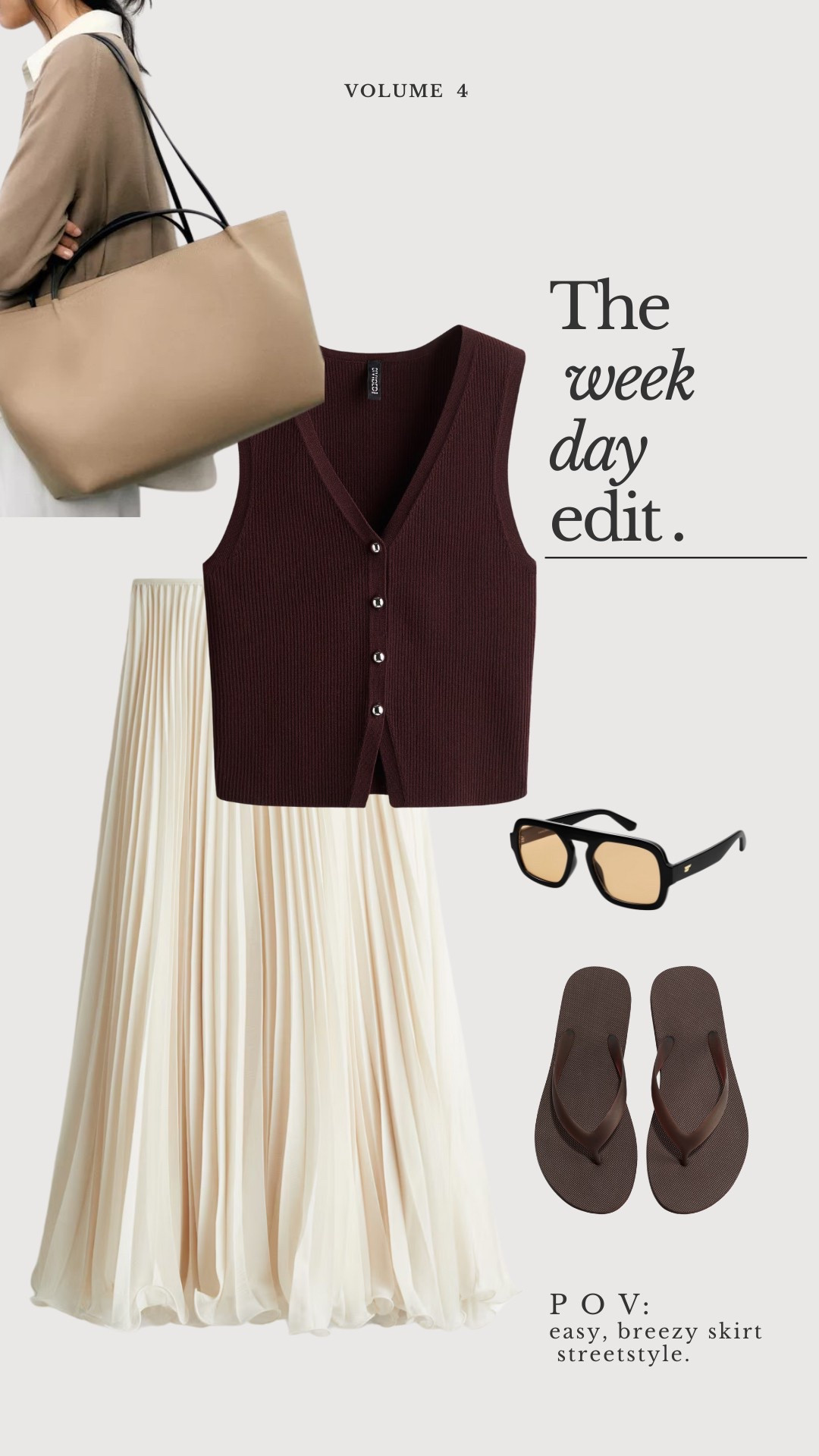 Spring skirt inspo / pleated skirt, sweater vest, flip-flops, shopper

#LTKOver40 #LTKWorkwear #LTKStyleTip